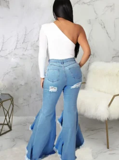 Denim Ripped Ruffle Hem Long Jeans