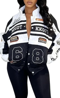 Detachable Letter Graphic Racer Colorblock Baseball Coat