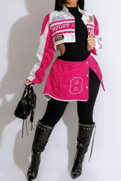 Detachable Letter Graphic Racer Colorblock Baseball Coat