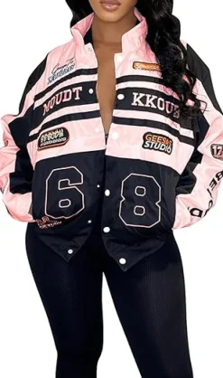 Detachable Letter Graphic Racer Colorblock Baseball Coat