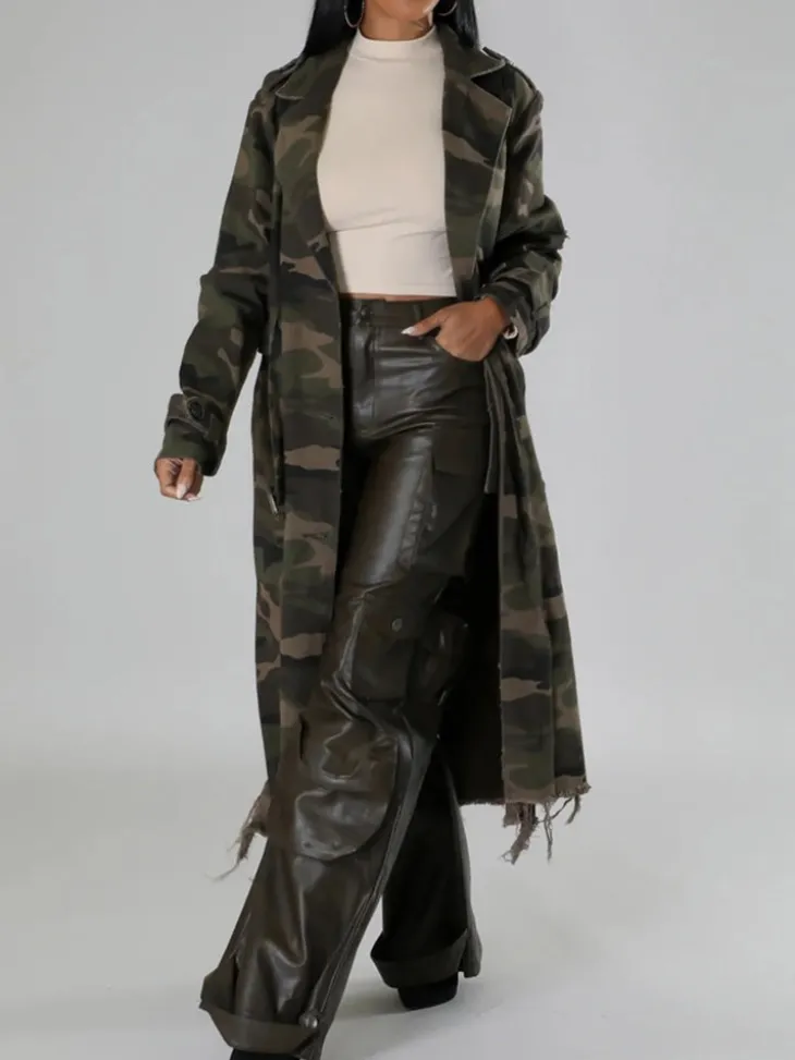 Distressed Camouflage Long Trench Coat