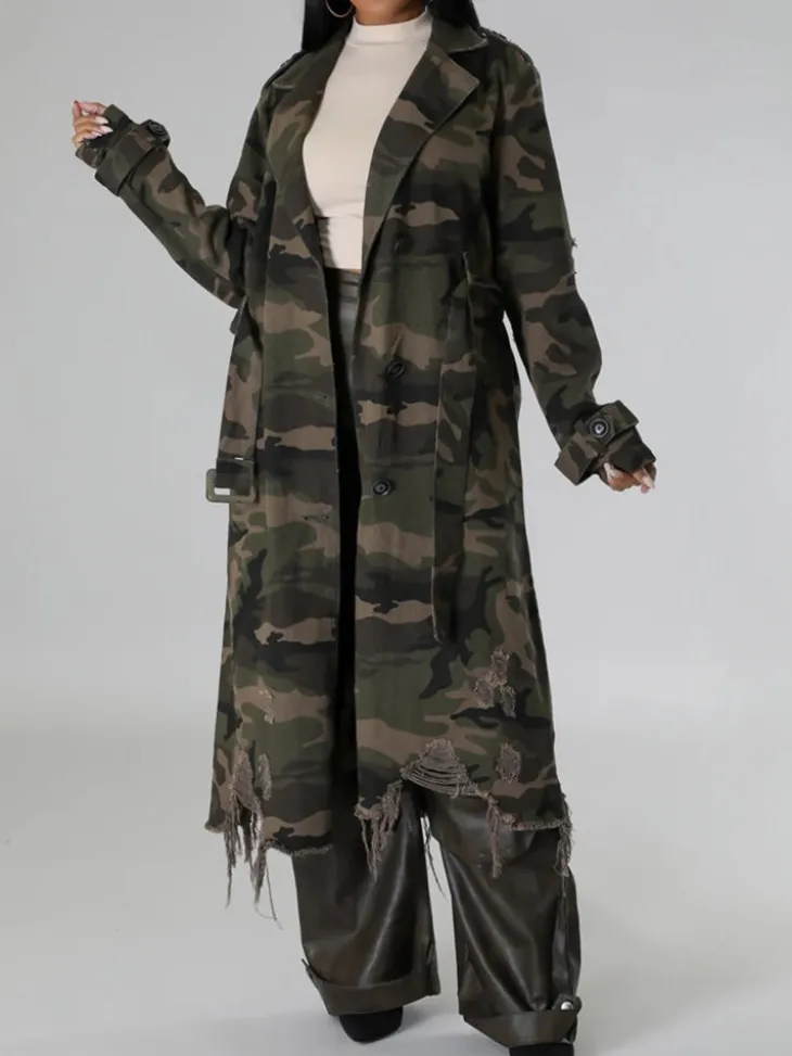 Distressed Camouflage Long Trench Coat