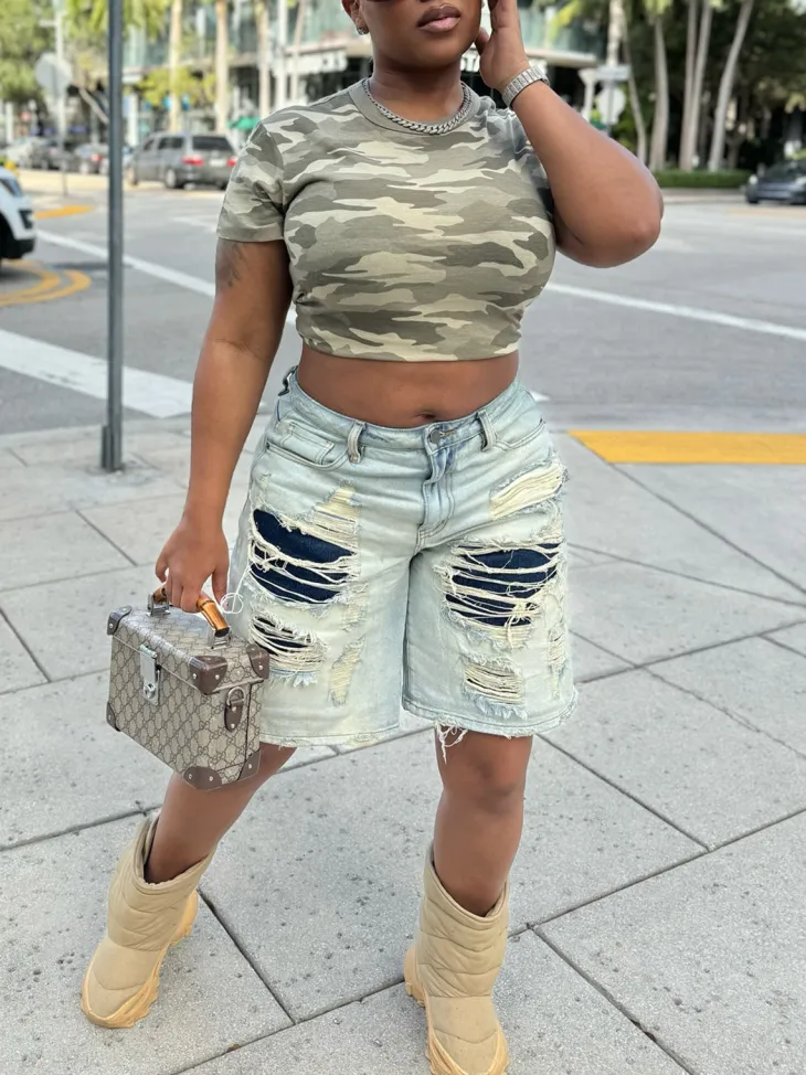 Distressed Patchwork Denim Shorts