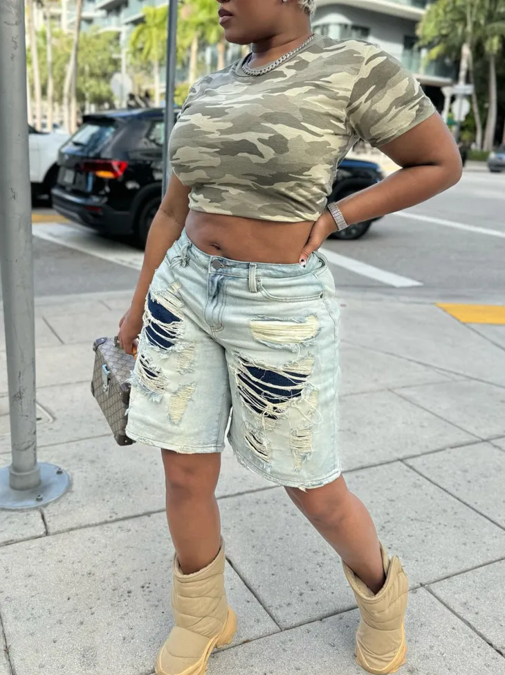 Distressed Patchwork Denim Shorts