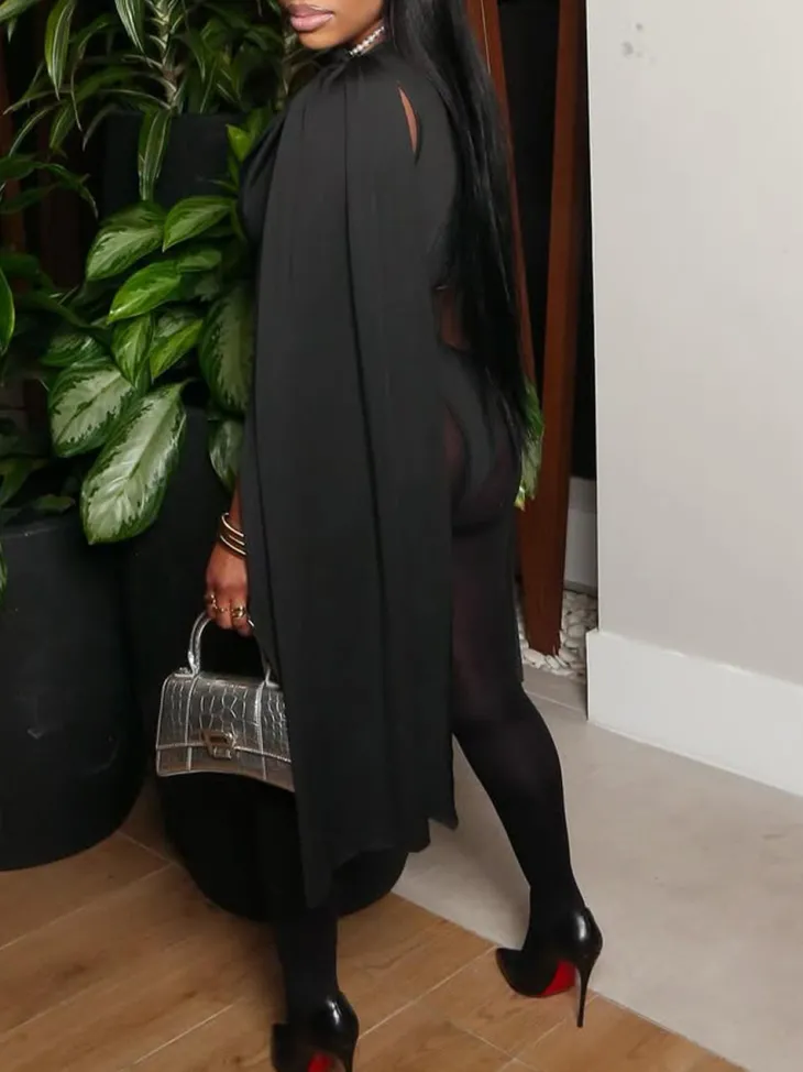 Draped Round Neck Cape Sleeve Romper