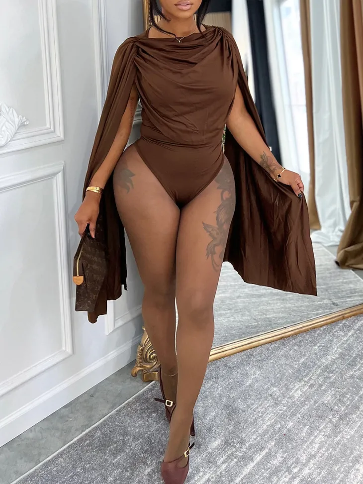 Draped Round Neck Cape Sleeve Romper