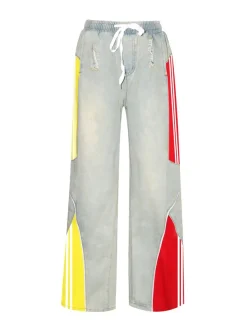 Drawstring High Waist Color Block Jeans