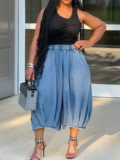 Elastic Waist Wide Leg Cropped Denim Jeans