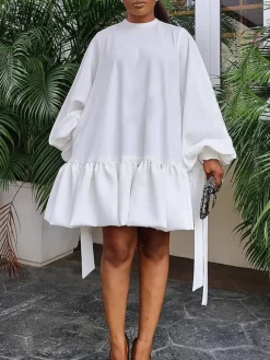 Elegant Bubble Sleeve Solid Color Dress