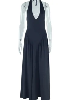 Elegant Halter Neck Solid Color Dress