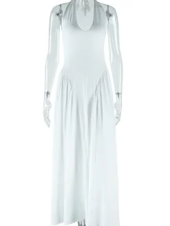 Elegant Halter Neck Solid Color Dress