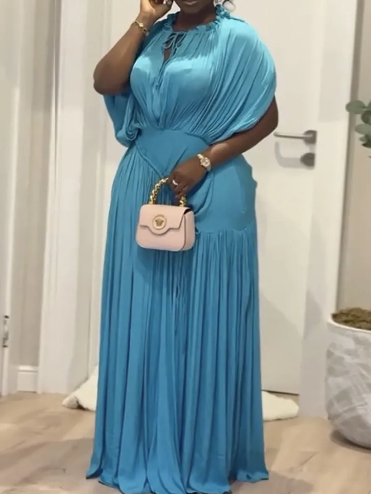 Elegant Pleated Drawstring Waist Maxi Dress