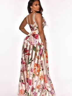 Elegant Sheer Mesh Patchwork Floral Print Beach Dress