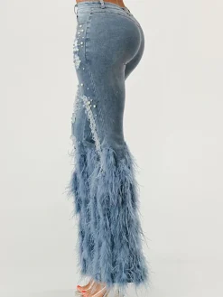 Feather Beaded Distressed Flare Jeans