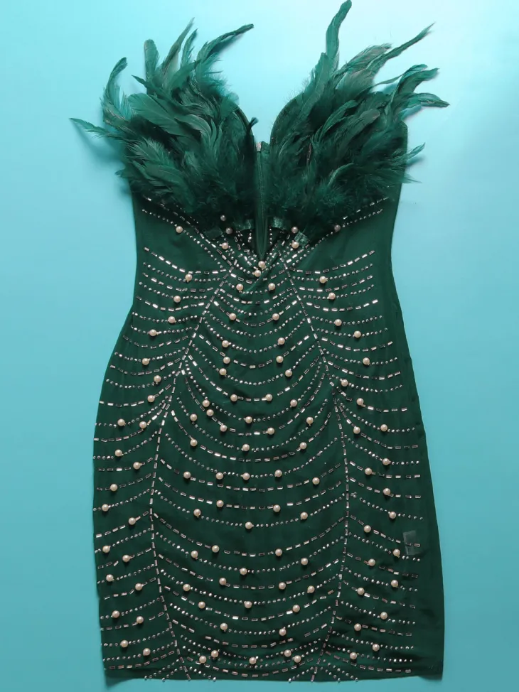 Feather Rhinestone Strapless Mini Dress