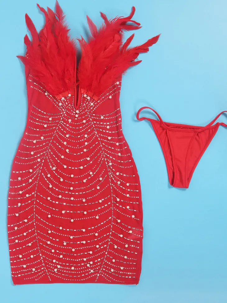 Feather Rhinestone Strapless Mini Dress
