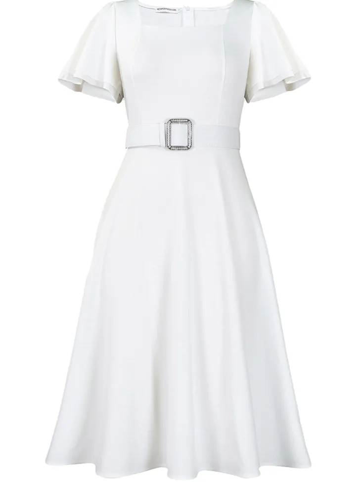 Flared Sleeve Square Neck Midi Dress with Belt