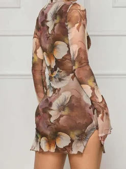 Floral Bell Sleeve Mesh Mini Dress