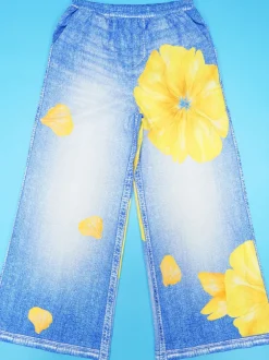 Floral Butterfly Print Wide Leg Jeans