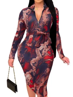 Floral Print Long Sleeve Belted Midi Dress