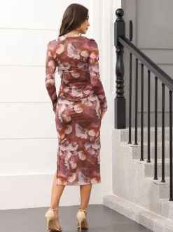 Floral Print Long Sleeve Side Split Dresses