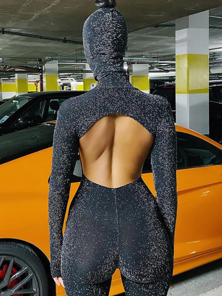 Glitter Backless Long Sleeve Jumpsuit