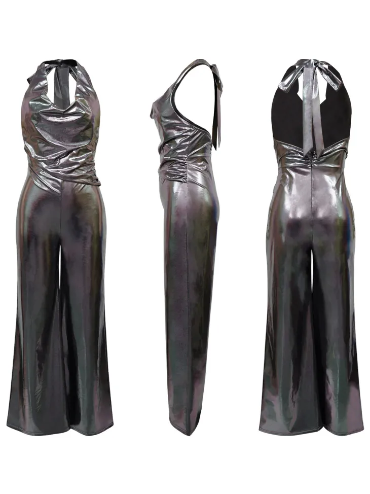 Glitter Halter Cowl Neck Backless Jumpsuit