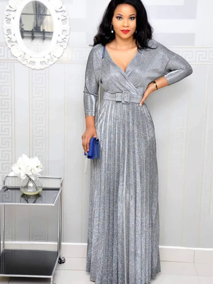 Glitter Long Sleeve V Neck Pleated Maxi Dress