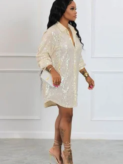 Glitter Sequins Long Sleeve Mini Shirt Dress