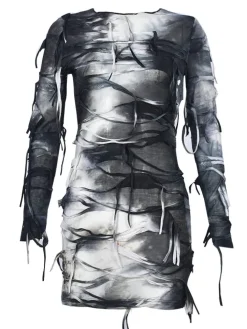 Halloween Tie-Dye Knit Long Sleeve Backless Dress