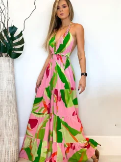 Halter Neck Backless Floral Print Maxi Dressses