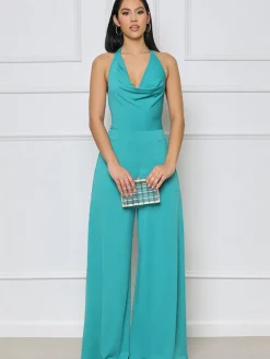 Halter Neck Backless Lace Up Wide Leg Jumpsuit