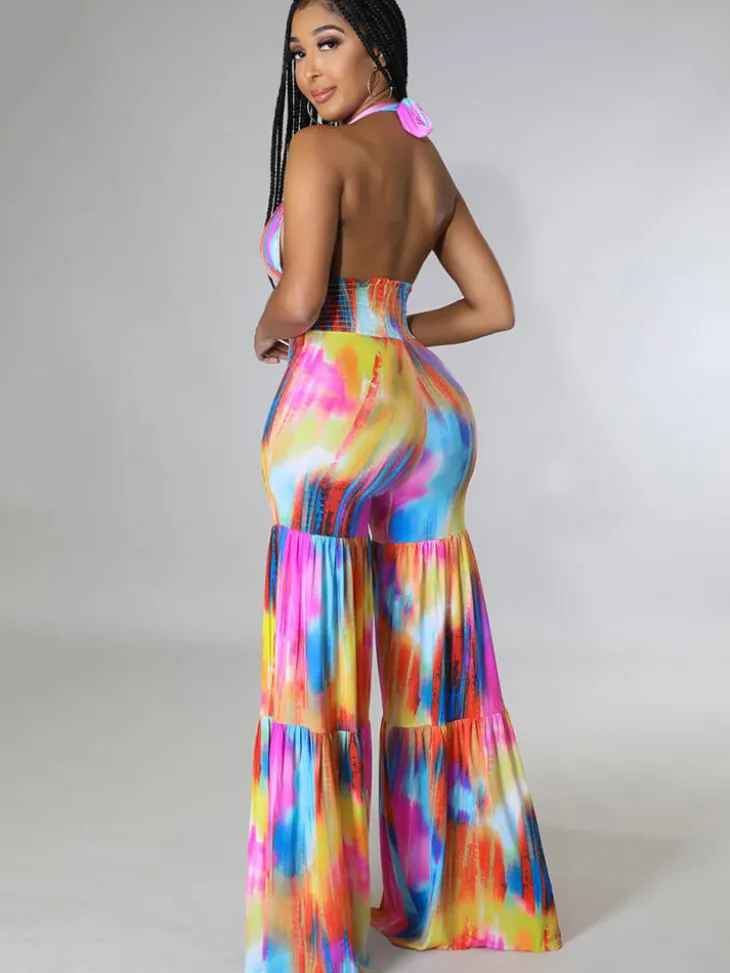 Halter Neck Backless Tie Dye Wide Leg Jumpsuit
