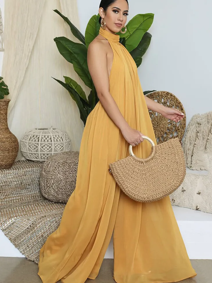 Halter Neck Sleeveless Backless Wide Leg Jumpsuit