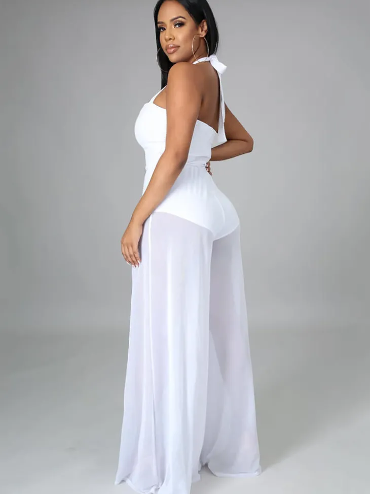 Halter Neck Strap Sheer Mesh Wide Leg Jumpsuit