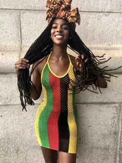 Halter Neck Straps Rainbow Hollow Out Fishnet Mini Dress