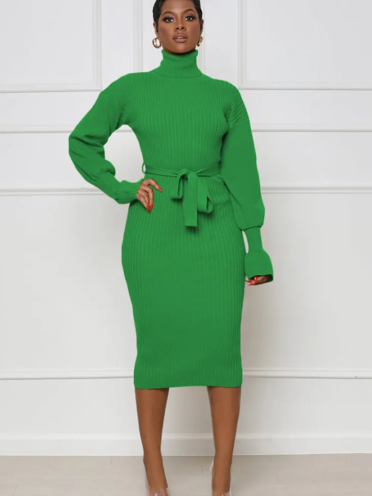 High Neck Long Sleeve Solid Midi Dreses