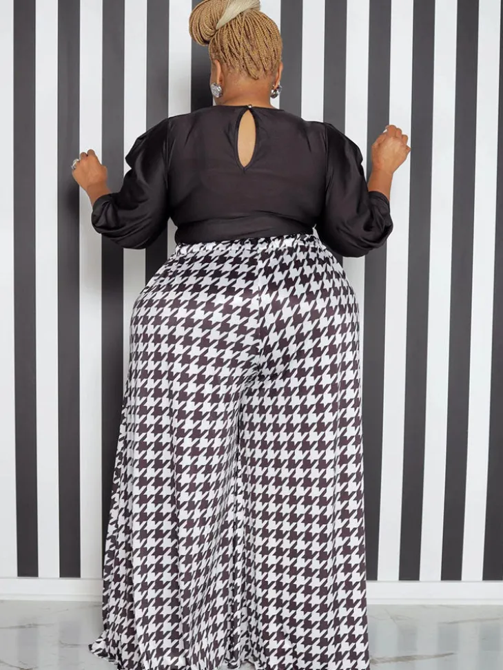 High Waist Houndstooth Print Floor Length Wide Leg Bottoms