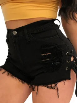 High Waist Ripped Lace Up Tassel Shorts