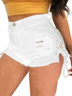High Waist Ripped Lace Up Tassel Shorts