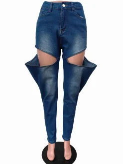 Hole Distressed Elastic Denim Jeans
