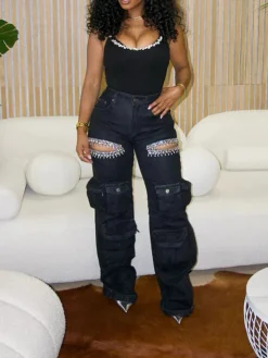Hollow Rhinestone Multiple Pockets Denim Jeans