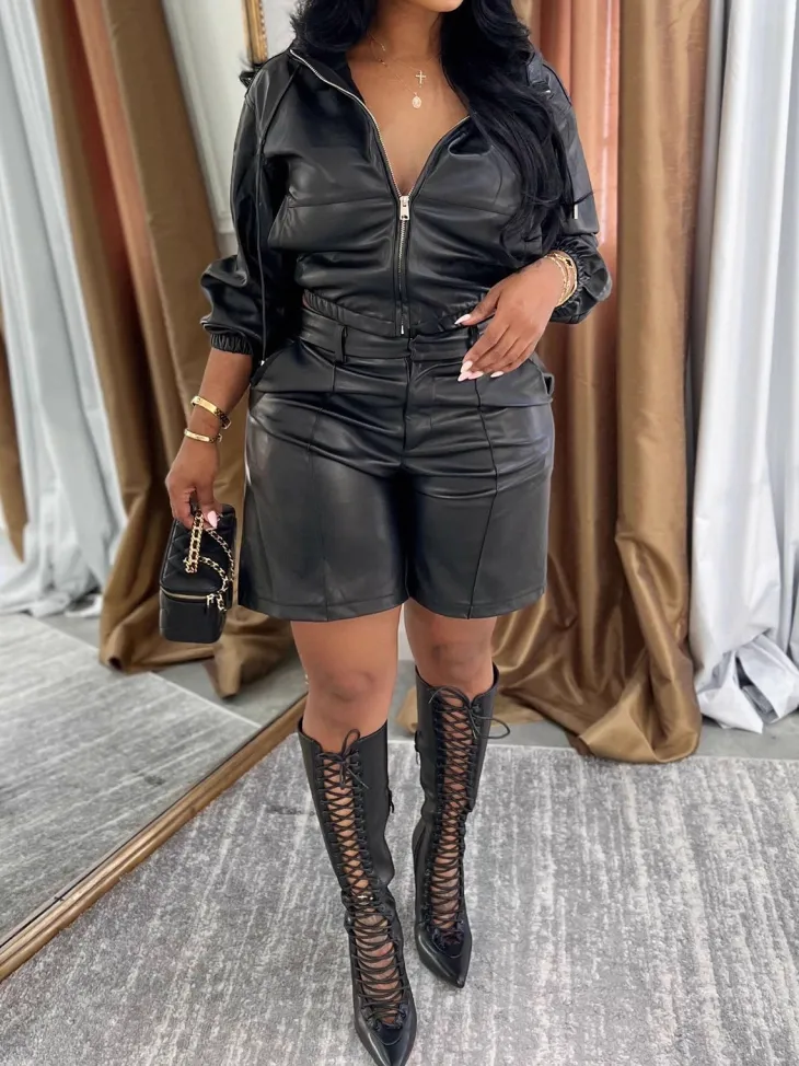 Hooded PU Leather Jacket Shorts Set
