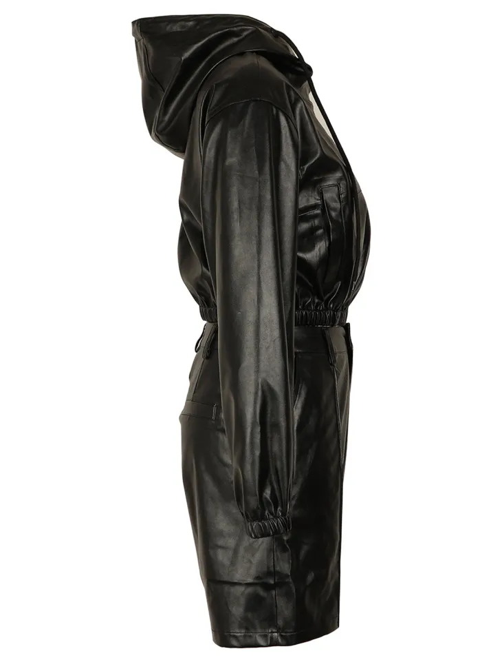 Hooded PU Leather Jacket Shorts Set