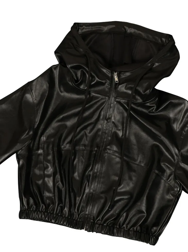 Hooded PU Leather Jacket Shorts Set