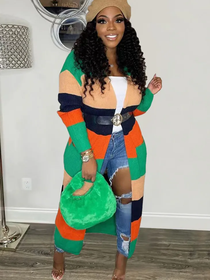 Knit Long Sleeve Color Block Bodycon Cardigan