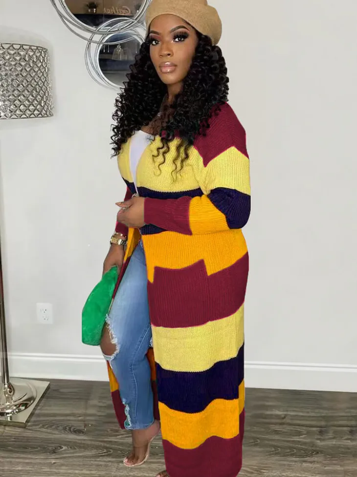 Knit Long Sleeve Color Block Bodycon Cardigan