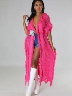 Knit Tassels Short Sleeves Long Cardigan