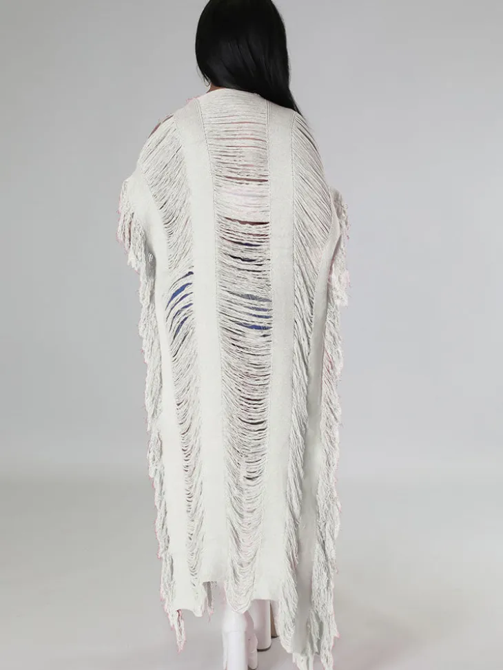 Knit Tassels Short Sleeves Long Cardigan