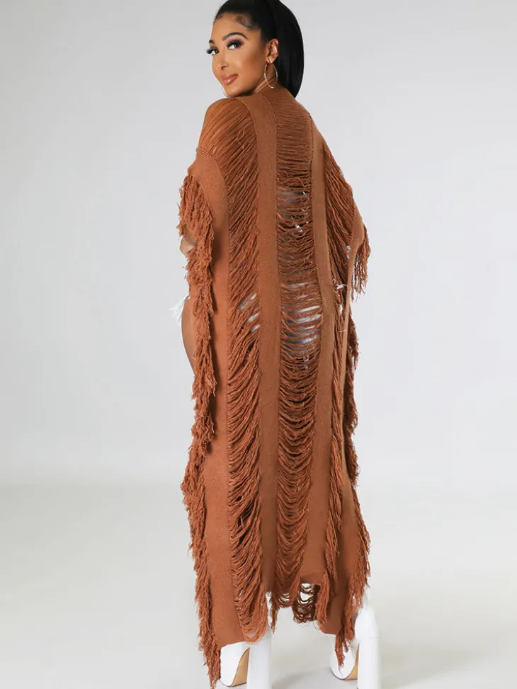 Knit Tassels Short Sleeves Long Cardigan